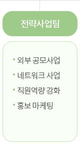 전략사업팀: 외부 공모사업, 네트워크 사업, 직원역량 강화, 홍보 마케팅 담당